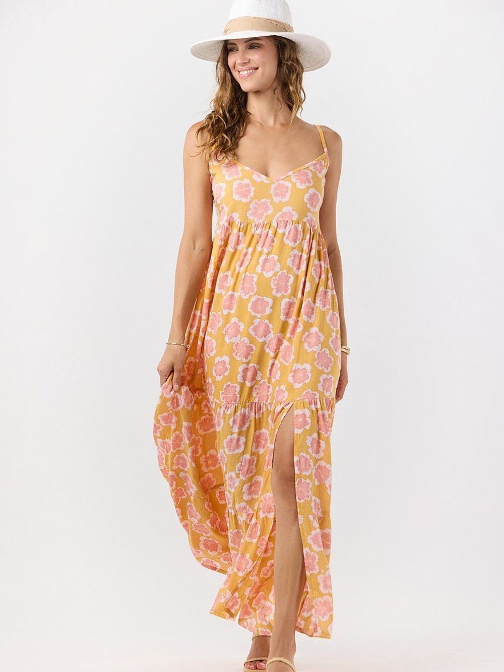 Tiare Hawaii Tropical Hibiscus Floral Julian Side Front Slit Maxi Sun Dress M/L